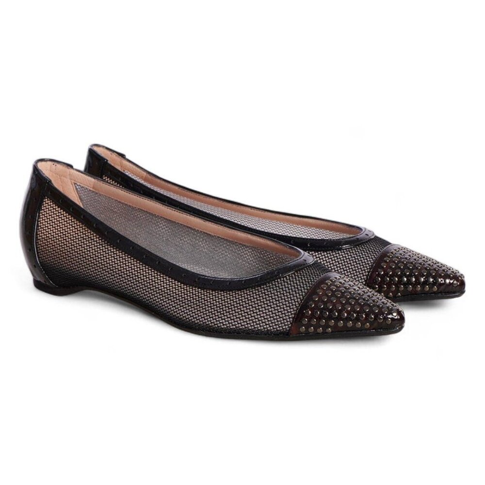 Stuart Weitzman Black Tipper Studded Cap Toe Mesh Ballet Flats sz 7M
